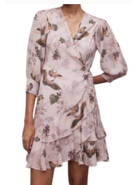 AllSaints Dresses & Skirts - Allsaints Ari Peggy Floral Print Wrap Dress Womens 12 Dusty Pink Crane Ruffles